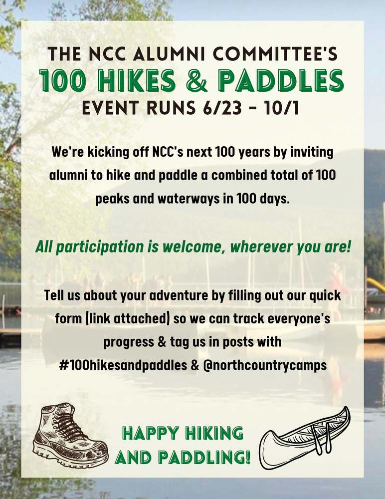 Flyer announcing that the alumni committee is kicking off the next 100 years by inviting alumni to hike and paddle 100 mountains and waterways in 100 days