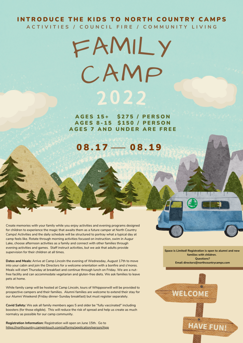 Family Camp flyer that outlines pricing and dates email directors for more information