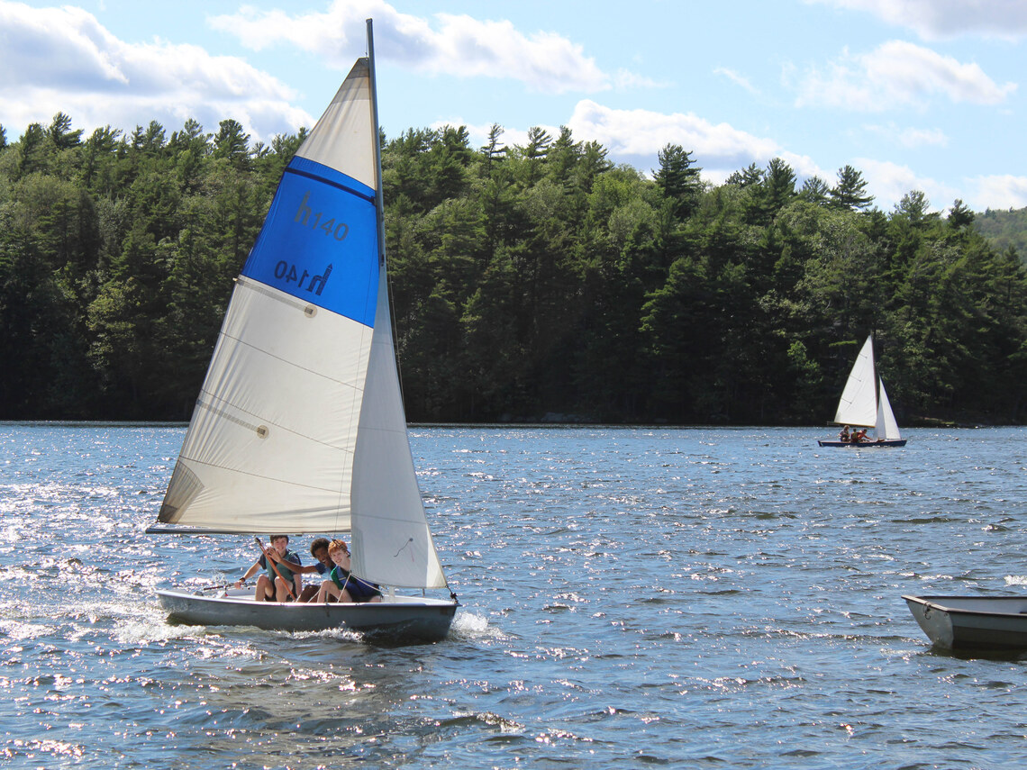three campers sailing a sailboat on a lake