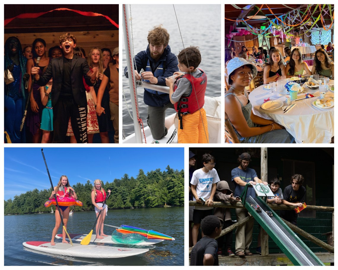 collage of campers doing various activities from acting in a play to paddleboarding and learning how to sail