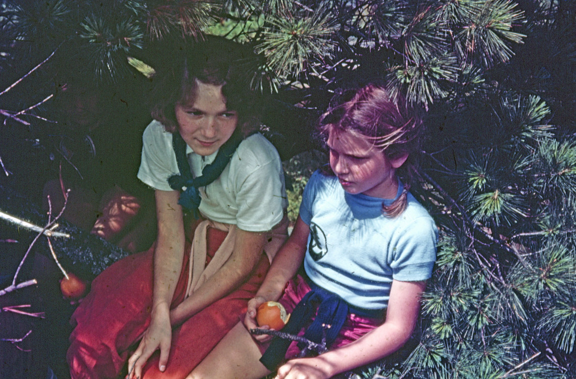Two girls sitting under a pine tree